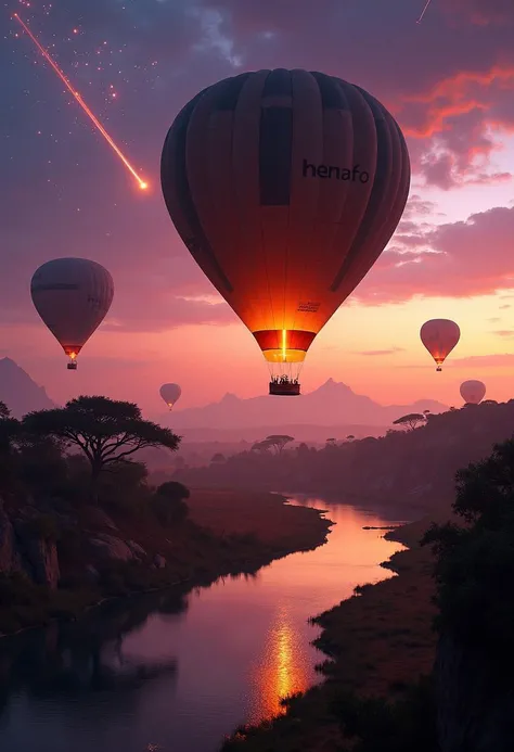 A wildlife safari hot air balloon city during a meteor shower: The floating balloon city now hovers at dusk, with brilliant hues of purple and orange filling the sky. Below, the Serengeti wildlife is bathed in soft evening light, while meteors streak acros...