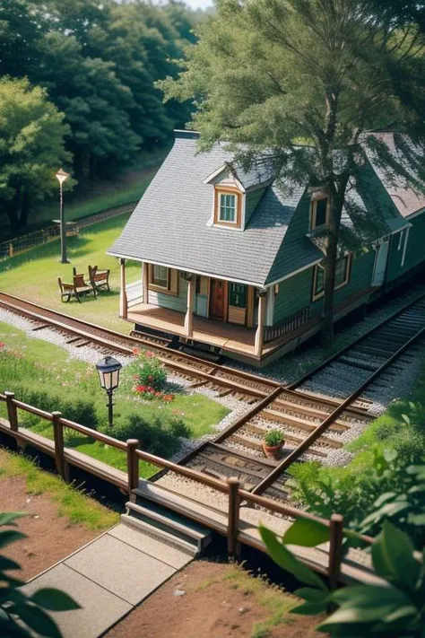 (8k, RAW photo, best quality, masterpiece:1.3), realistic, miniature,landscape, no humans, blurry, scenery, cup, stairs, plant, depth of field, artist name, ladder, table, ground vehicle, mug, motor vehicle, from above, outdoors, barrel, english text, chai...