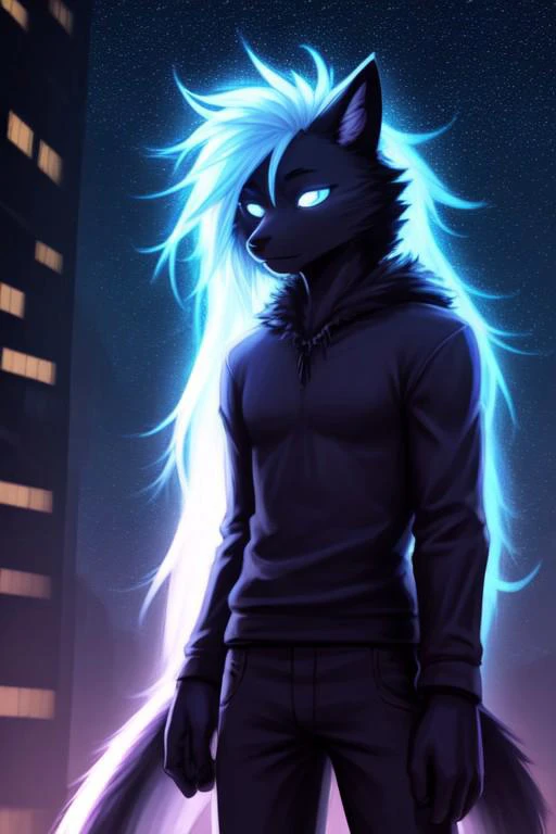 furry, black fur, night, glowing hairs, black clothing , shirt, pants,