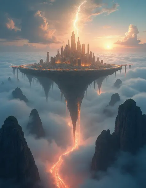 A city of floating islands, each one held aloft by swirling tornadoes of pure energy. Bridges made of light connect the islands, while waterfalls of glowing liquid flow between them, disappearing into the clouds below.