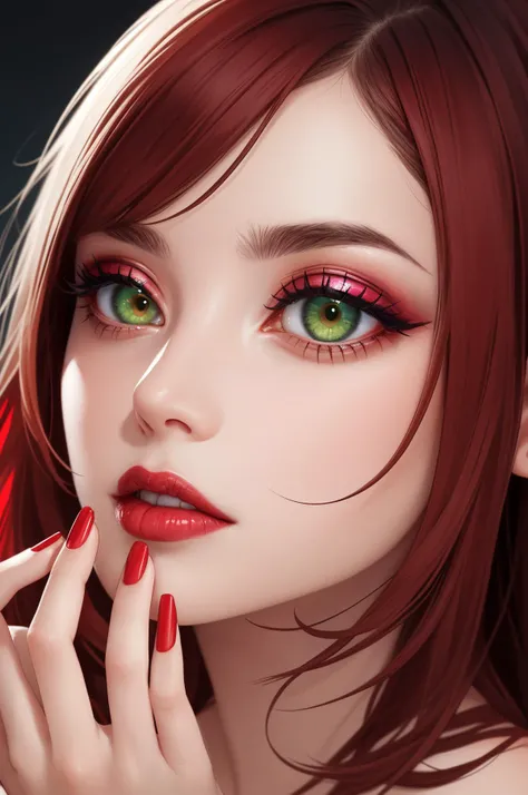 photo of 30yo psycho woman, (pale skin:1.2), expensive dark-red glossy-lipstick, (expensive cateyes makeup:1.2), dark red hair, green eyes, perfect hands with red glossy manicure, artistic shot , hyperrealistic, masterpiece, uhd, 16k, intricate details