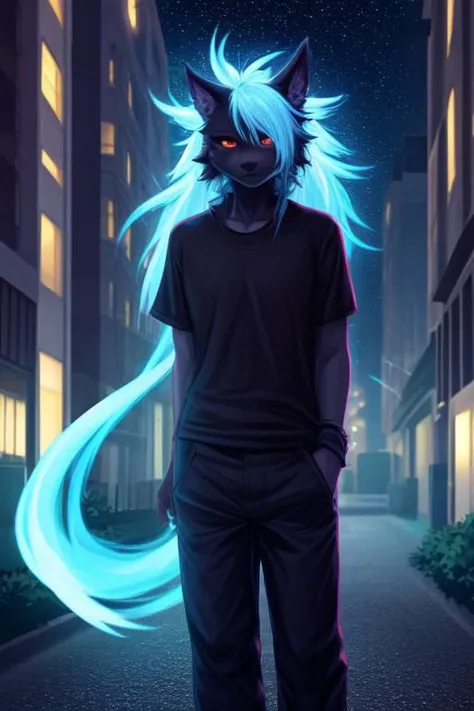 furry, black fur, night, glowing hairs, black clothing , shirt, pants,