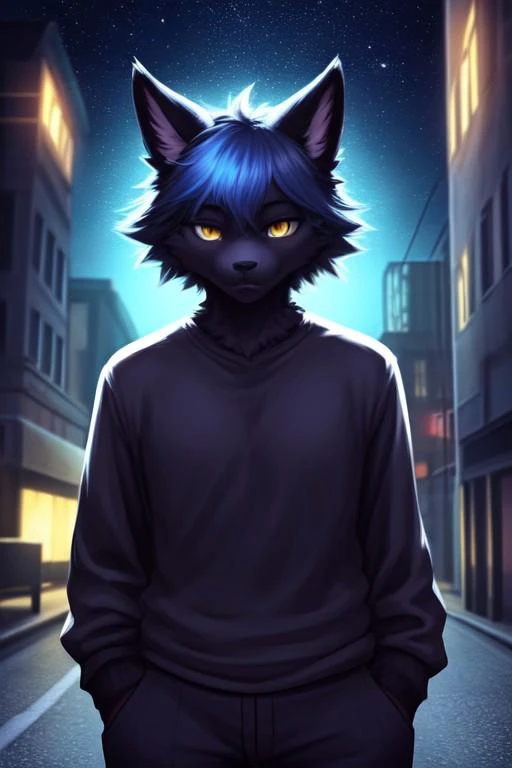 furry, black fur, night, glowing hairs, black clothing , shirt, pants,