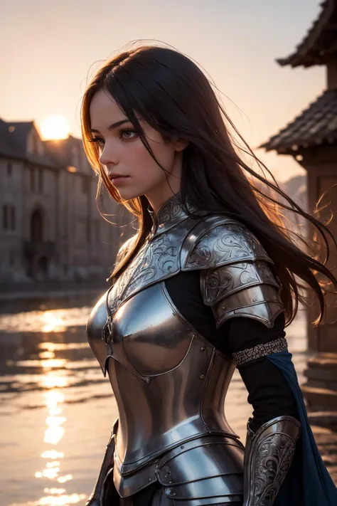 a woman in armor standing in front of a body of water