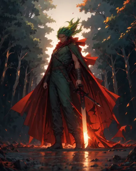 1boy, male focus , solo, red cape,
holding_weapon,holding_sword,unsheathed ,
green hair, long hair, scarf, outdoors , owl ,
masterpiece, best quality, 8k, from below , depth of field , vanishing point ,
<lora:hongkong_comic_style_v1a:0.8> <lora:r1ge - Anim...