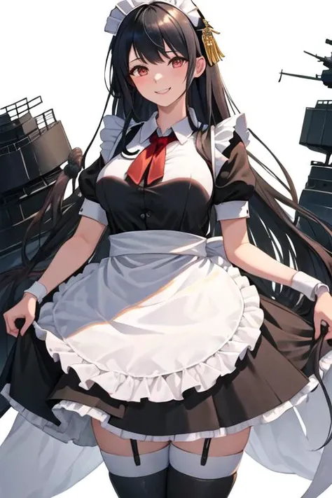 best quality, masterpiece, highres, solo, {maid:1.40}, {long maid dress:1.15}, {fusou_kantaicollection:1.15}, black_hair, long_hair, hair_ornament, red_eyes, nontraditional_miko, breasts, large_breasts, smile