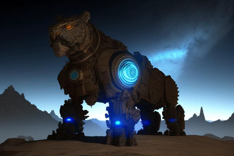 a robot dog with glowing blue lights by BOTWbeasts <lora:BOTWbeasts-000003:0.8>, mountain background