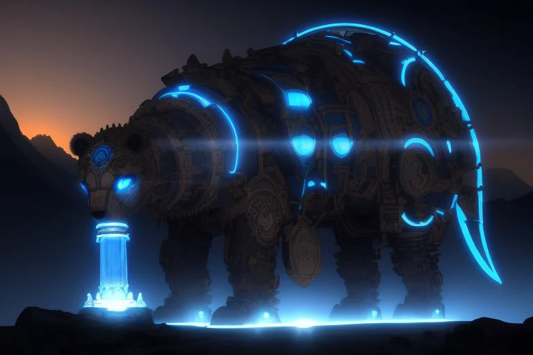 a robot bear with glowing blue lights by BOTWbeasts <lora:BOTWbeasts-000003:0.8>, mountain background