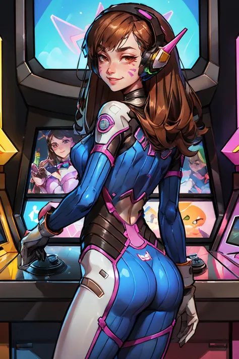 D.Va, facial mark, whisker markings, brown eyes, long brown hair, headphones, pilot suit, ribbed bodysuit, white gloves,looking at viewer, serious, smiling, from_behind, playing arcade cabinet, holding joystick, neon lighting, high quality, masterpiece <lo...