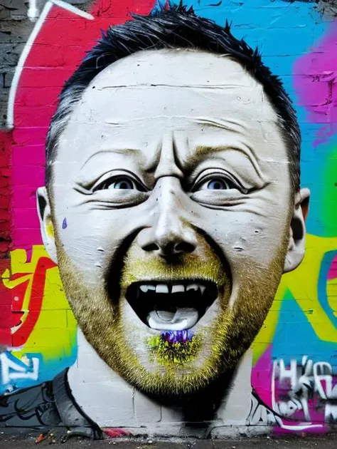 limmy face as wall graffiti, ((crown on head)), highly detailed, leeds united, in the style of spray painted street art, vibrant colors, high contrast, (footpath, dirt on ground, weeds growing) <lora:limmy:1>