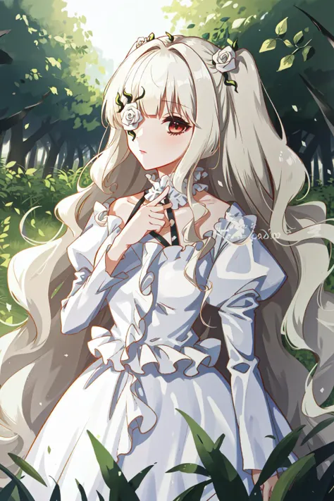 anime girl in white dress with long hair and flowers in her hair