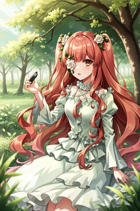 a woman with long red hair sitting in the grass holding a bird