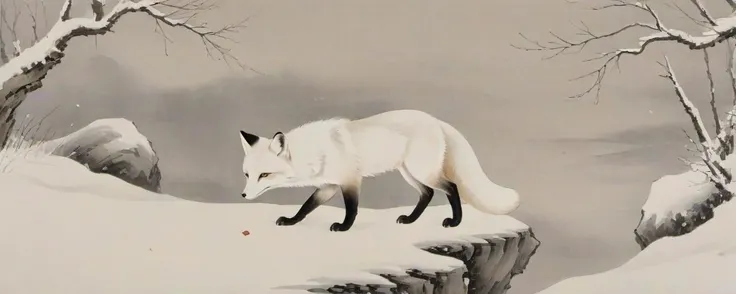 8k, masterpiece, best quality, 2D, traditional chinese ink painting,
ink,  <lora:watercolor-ink-sketch-v1:0.4>, looking at viewer, 
1 white Fox with big white tail
background is many snow, white snow,