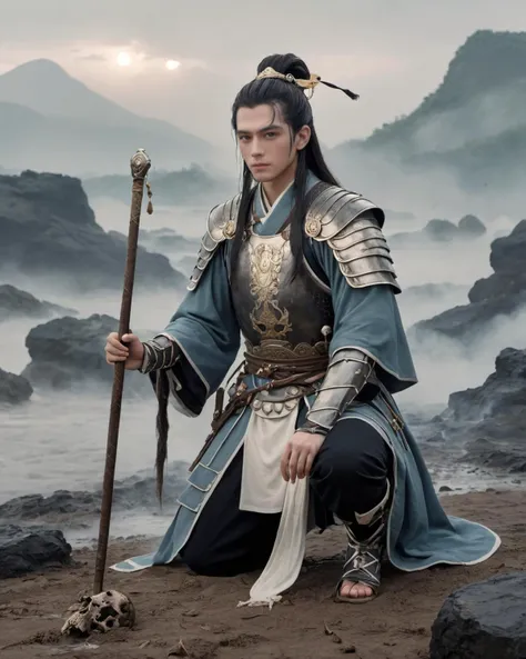 (side lighting), 8k,  best quality, 
background is Ancient battlefield, (mist:1.4), (smoke:1.7), (rain:1.1), some Dead bodies were scattered everywhere, (Human bones are everywhere:1.2), 1boy, long hair, topknot, full body, one kneel Kneeling, handsome fac...