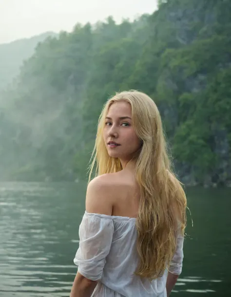 evie stood alone as a solitary girl on the misty lake's rocky shore, her long blonde hair cascading down her back like a golden ...