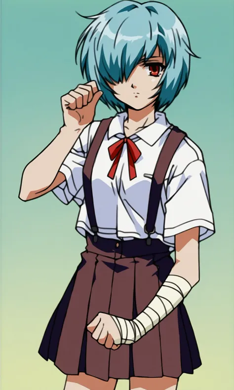 (score_9,score_8_up,score_7_up),source_anime,
1990s anime,1girl,ayanami rei,short hair,blue hair,bandages,school uniform,solo,ba...