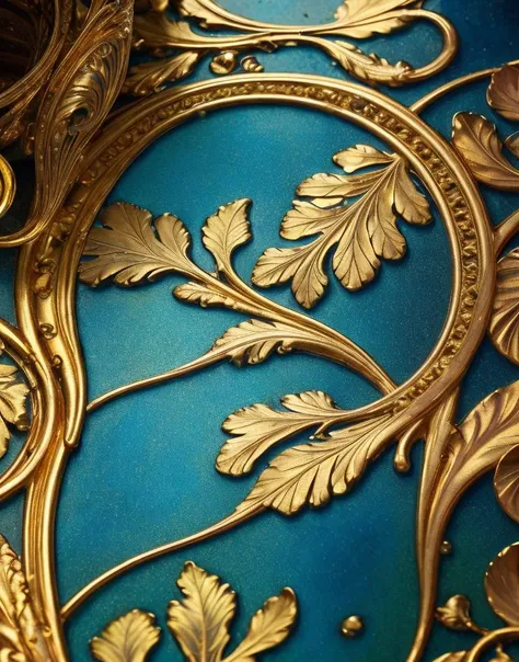 there is a gold and blue clock with a leaf design on it