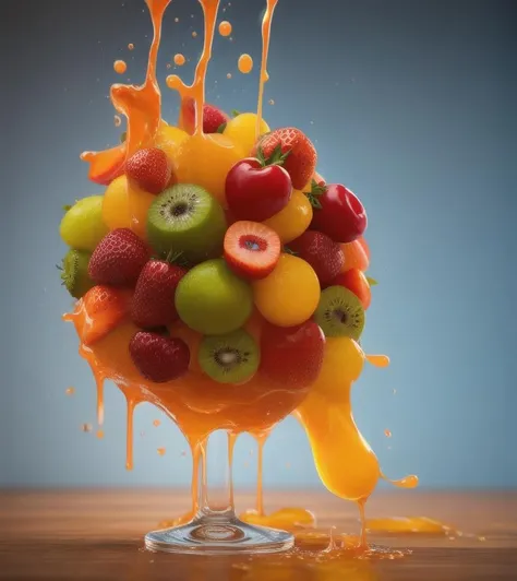 a close up of a bowl of fruit with liquid pouring down