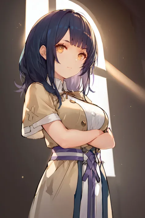 score_9, score_8_up, score_7_up, 1girl, looking at viewer, x arms, :>, dark blue hair, baby bangs, amber eyes, medium breasts, light purple waistcoat, backlighting, aqueduct, wide angle <lora:kincora_PonyXL_style_v02:1>