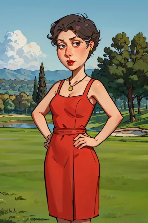 babs, black eyes,red lipstick, earrings,makeup, short grey hair, red dress,mature female, necklace, looking at viewer, serious, standing, hands on hips, outside, golf course, blue sky, high quality, masterpiece, <lora:babs:.6>