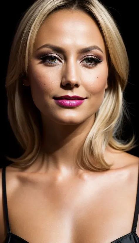 a close up of a woman with a pink lipstick and a black dress