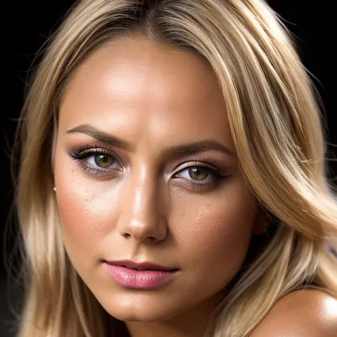 a close up of a woman with long blonde hair and a black background