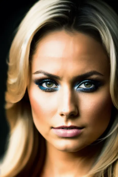 a close up of a woman with long blond hair and blue eyes