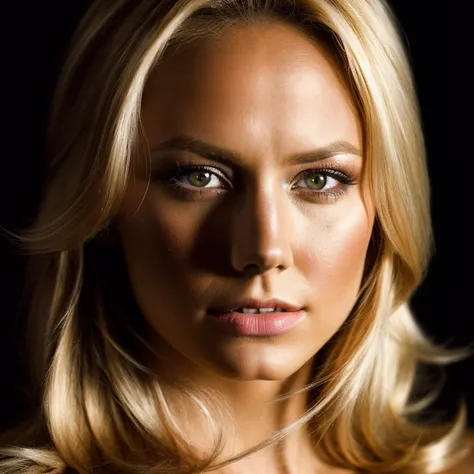 a close up of a woman with long blonde hair and a necklace