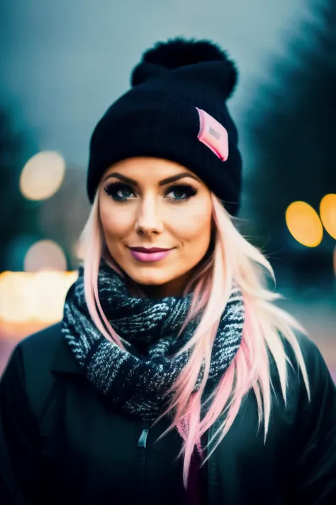 a close up of a woman with pink hair wearing a black hat and scarf