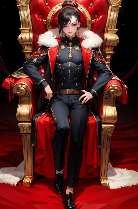 <lora:kittew-artist-richy-v1:0.9>, ultra detailed, masterpiece, best quality, solo, smug smile, sitting, arm rest, head on hand, throne room, red banner, black and red theme, 1boy, red eyes, <lora:Tsurime3:1>, (tsurime:1.2), black hair, undercut, top knot,...