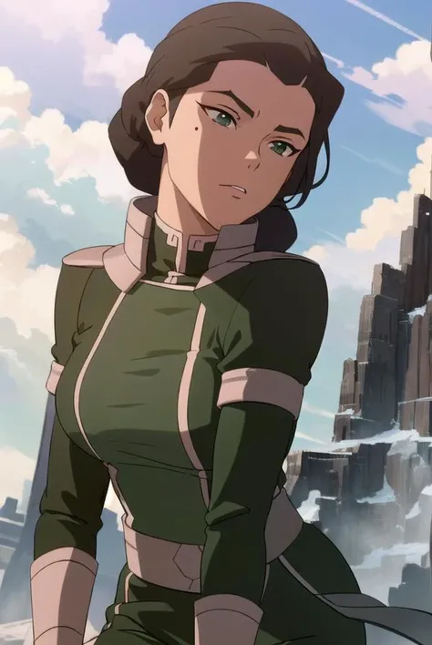 avatarkuvira, <lora:avatar kuvira-lora-nochekaiser:1>,
kuvira, black hair, dark skin, hair bun, single hair bun, (green eyes:1.5), mole, mole under eye,
BREAK boots, armor, uniform, military, military uniform,
BREAK outdoors, forest, nature, sky, sun, clou...