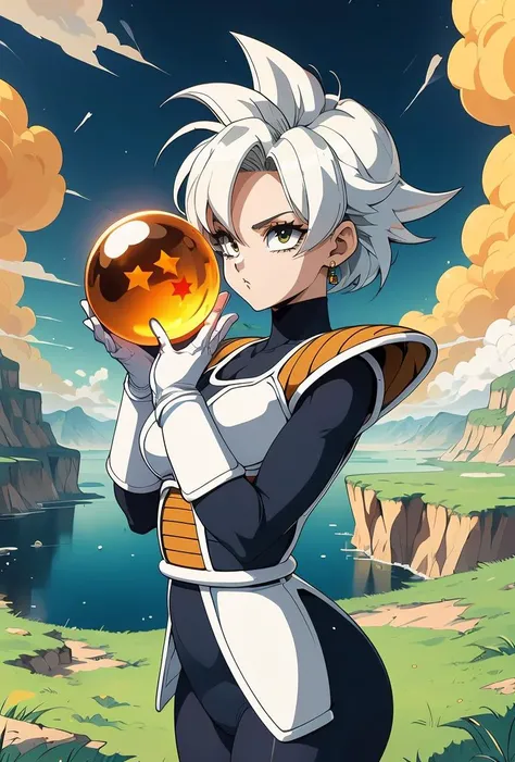 (masterpiece, best quality), 1girl, <lora:girllikestardragonballbattlearmor:0.8> holding a star dragonball, raise arm, battle armor, blue bodysuit, white gloves, white boots, orange pauldrons, spiked hair, earrings, cloud, sky, hill, lake, grass, plateau