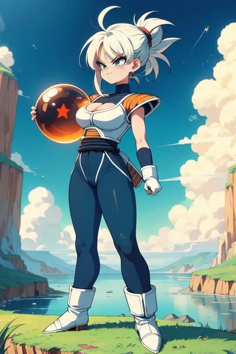 (((masterpiece))), (((best quality))), (((fighting stance))), ((holding a star dragonball)), ((battle armor)), ((blue bodysuit)), white gloves, white boots, orange pauldrons, spiked hair, earrings, cloud, sky, hill, lake, grass, plateau, white dome future ...