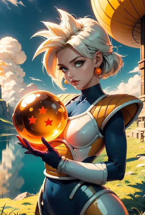 (masterpiece, best quality), 1girl, <lora:girllikestardragonballbattlearmor:0.8> holding a star dragonball, raise arm, battle armor, blue bodysuit, white gloves, white boots, orange pauldrons, spiked hair, earrings, cloud, sky, hill, lake, grass, plateau