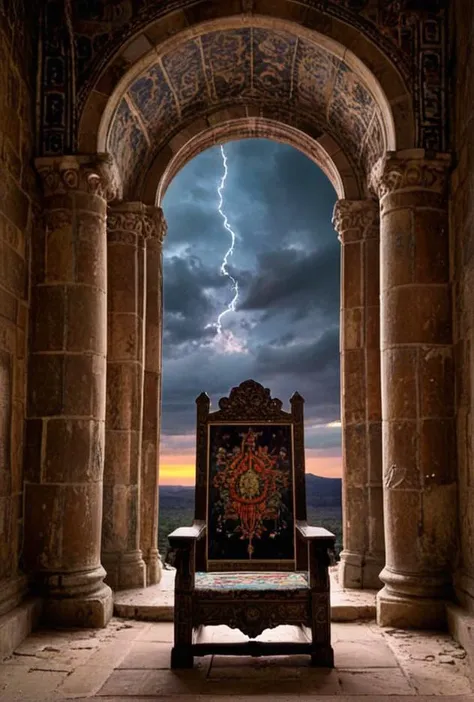 a close up of a chair in a doorway with a lightning in the background