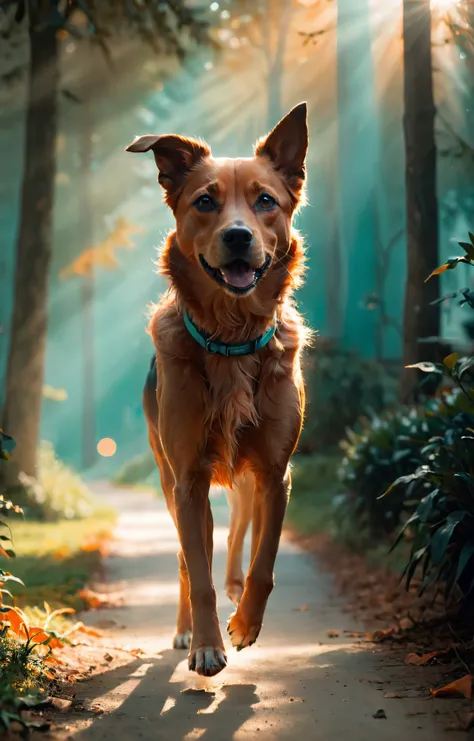 a painting of maybe i should go outside for a morning jog with my dog, orange and teal color grading, portrait photo, film, studio lighting, detailed skin, ultra realistic, bokeh, sharp features, 4k, vogue, god rays <lora:polyhedron_god rays-000007:0.6>