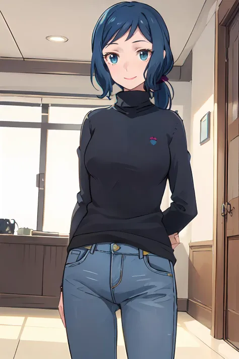 masterpiece,best quality,1girl,mature female,milf,rinko_iori,dark blue hair,(low ponytail,long ponytail:1.4),blue eyes,chanchanko,turtleneck sweater,jeans,smile,standing,arms behind back,indoors,cowboy shot,<lora:Rinko_Iori:0.8>,