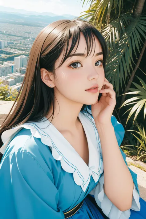 a woman in a blue dress sitting on a bench with her hand on her chin