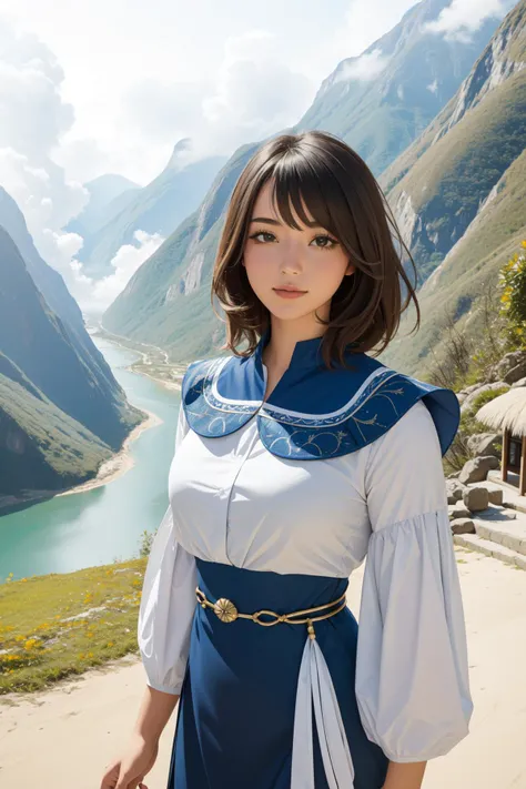 arafed woman in a blue and white dress standing in front of a mountain