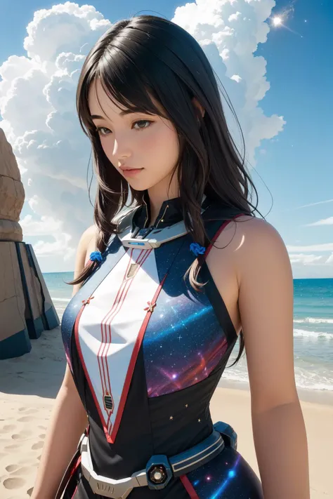 a woman in a futuristic outfit standing on a beach