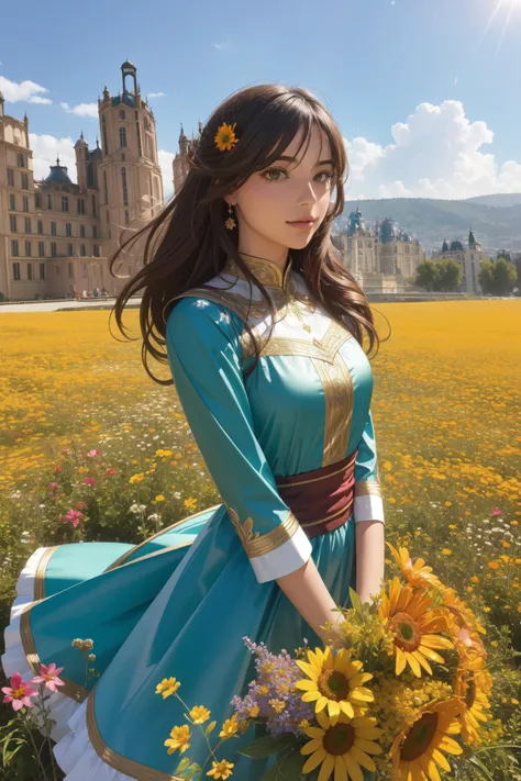 a woman in a blue dress holding a bouquet of flowers