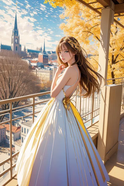 a woman in a white dress standing on a balcony with a city in the background