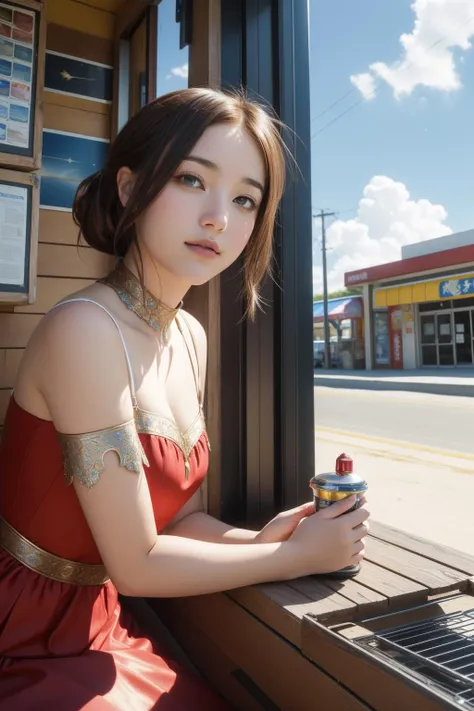 araffe asian woman in red dress sitting on a bench with a can of soda