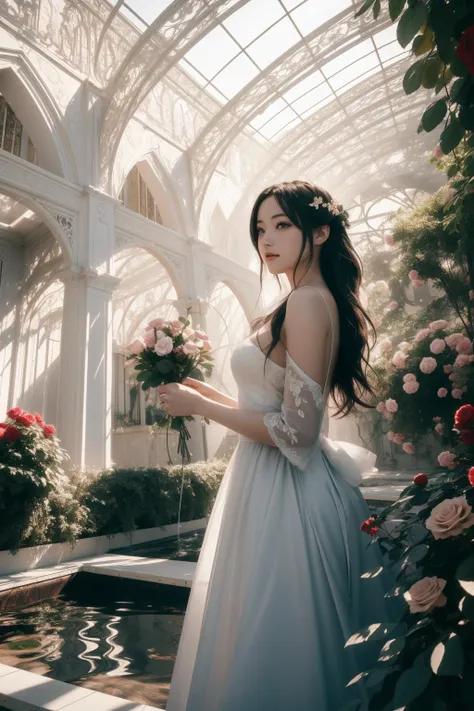 a woman in a white dress standing in a garden with flowers