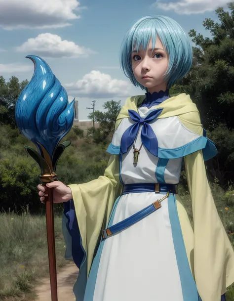 best quality, masterpiece, (detailed), realistic, photo realistic, cowboy shoot, 1girl,  strong wind,  <lora:more_details:0.8>,   <lora:lelei_v12:0.9>, lelei la lalena,aqua eyes,wizard dress,mage staff,holding,standing,forest,sunny,sky,emerald necklace,(sm...