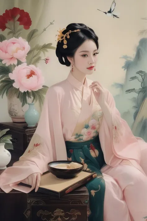 (sex:1.4),NSFW,(hanfu),no bra,no panties,
redwood carved bed, mandarin ducks pattern, embroidered silk sheets, pink color, peonies, butterflies, brocade pillows, flower and bird patterns, luxurious brocade quilt, rich red color, gold-threaded phoenixes, cl...