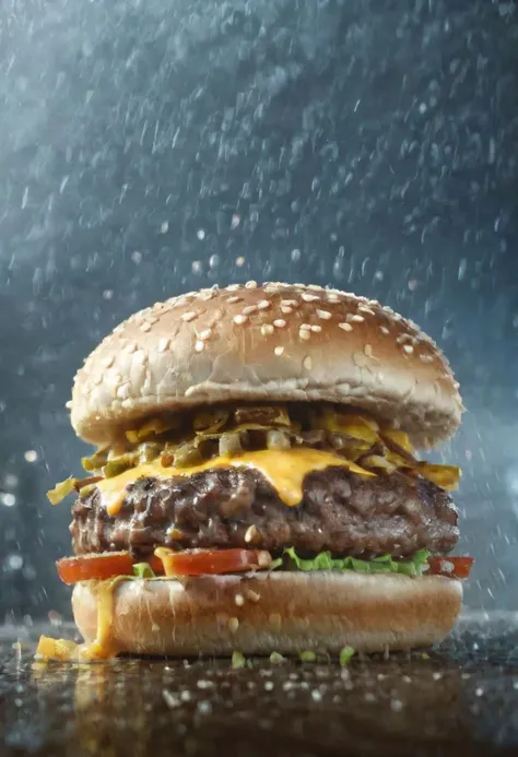 perfect cooked Cheeseburger, close up, cinematic portrait, heavy rain, bokeh, tracers, explosion on background