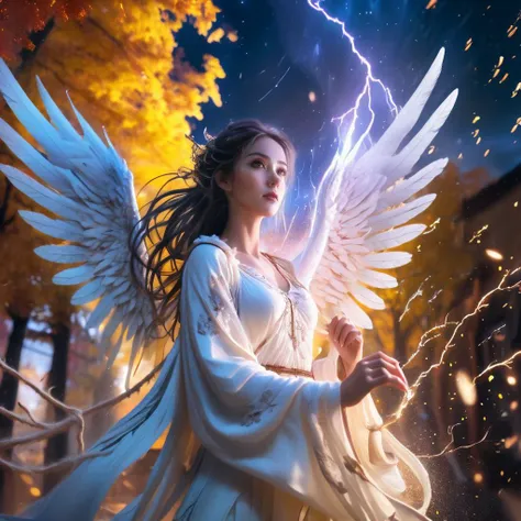 (divine magic), magical wallpaper of a stunning attractive slender girl angel with wings and magic aura flowing spirals around her, floral, (intricate beautiful eyes:1.1), (hair movement:1.15), (sparks:1.1), (superior quality), (masterpiece), 8k hdr, cinem...