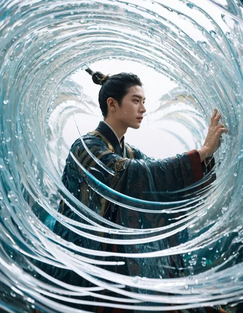 
looking at viewer, 1man, 

cinematic photo Hanfu photography, cinematic angle, fisheye, dynamic perspective, intricate details, wide angle, cinematic lighting, motion blur,
 upper body,

A man is practicing martial arts, with water and waves flowing betwe...