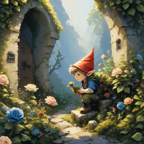 professional painting by Alayna Lemmer of a single fairy looking at a single gnome. The gnome is grumpy. There is a roses garden in background. It is summer morning time and clear weather. cinematic focus on the fairy, dynamic pose, dynamic background, dyn...